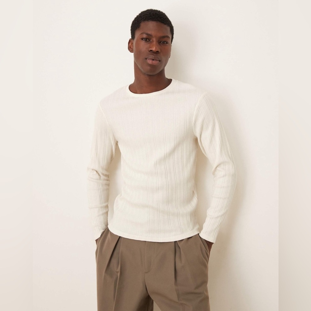 Topshop Cream Ribbed Long Sleeve Tee